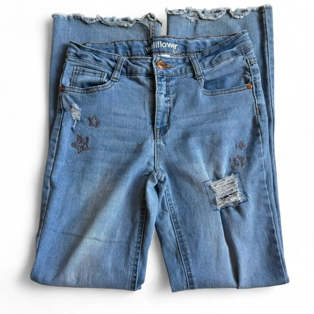 Wallflower Girls Distressed Flare Jeans Size 16 Star Embroidered Frayed Blue Y2K